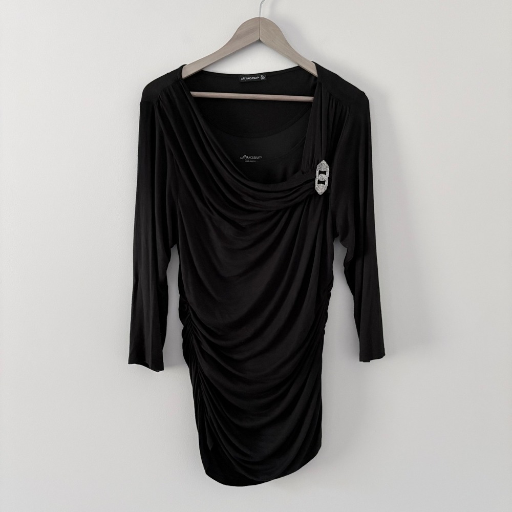 Miraclesuit Top XL Black Draped Ruched Rhinestone Brooch Long Sleeve Slimming